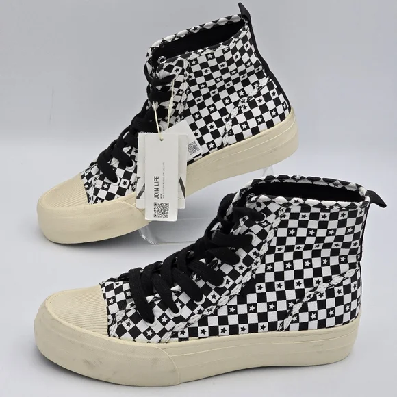 Zara Lace-Up High-Top Canvas Sneakers, Black/White Checkered pattern with stars - Picture 5 of 15